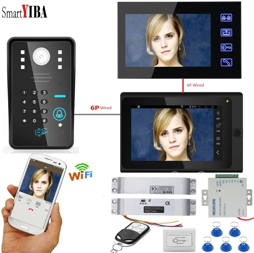 Смарт-Электрический wifi дверной замок, wifi RFID& пароль, тип беспроводной IP дверной телефон, система видеодомофона+ 1 камера, 2 монитора - Цвет: 705BMJS816B1