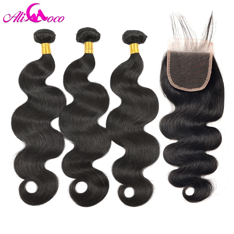 Ali Coco Human Hair Bundles With Closure Brazilian Body Wave Free Part Non Remy H 4PCS/Lot body-wave : image Ali Coco Human Hair Bundles With Closure Brazilian Body Wave Free Part Non Remy H 4PCS/Lot body-wave