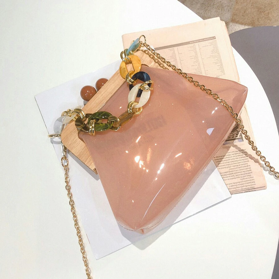 Wood Clip PVC Clear Jelly Handbag Woman New Designer Korean Acrylic Chain Transparent Jelly Shoulder Bag Clutch Female