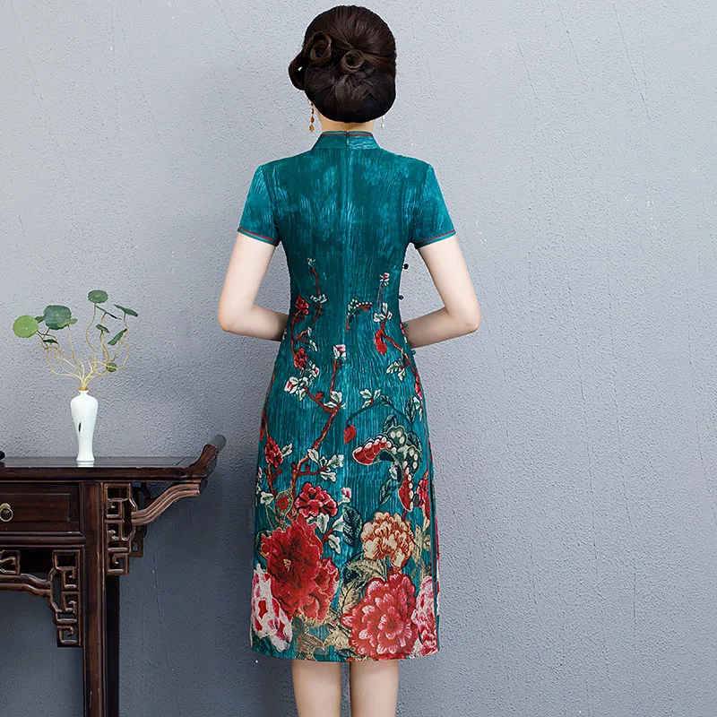 Женские летние короткие Cheongsam моды китайский стиль полиэстер платье по колено Qipao Тонкий платья для вечеринок Леди Vestido S-3XL
