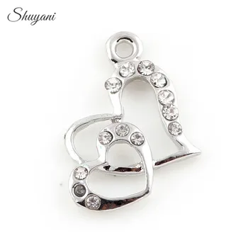 

20PCS Fashion Silver Tone Crystal Double Heart Charms Pendant Jewelry Findings fit DIY Bracelet Necklace 14*19mm