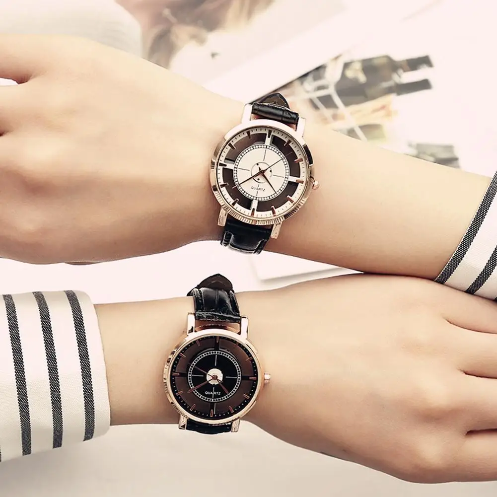

Unisex Vintage Hollow Round Dial Quartz No Numbers Faux Leather Wrist Watch New