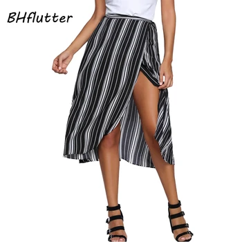 

BHflutter Skirt Women Adjustable Waist Saia Midi Skirt Boho Style Beach Skirt Striped Print Casual Summer Skirts Chiffon Shorts