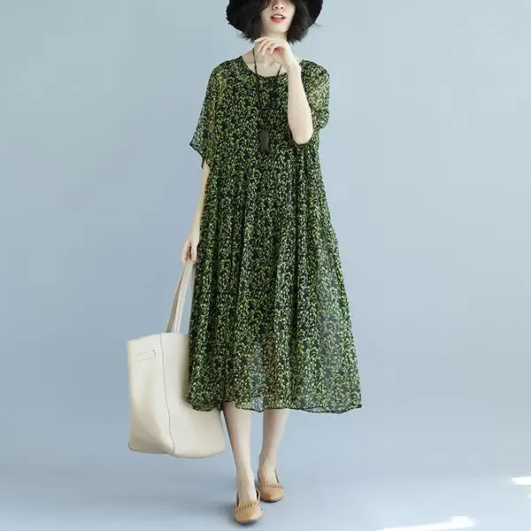 BUYKUD Elegant Summer Dresses Women Green Short Sleeve Round Neck Printed Stripe Black Loose Thin Midi Dress With Black Slip  (4)
