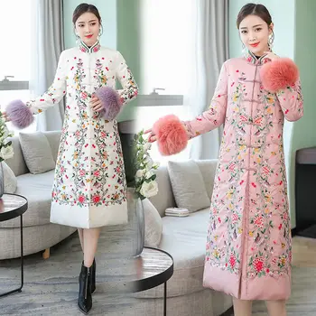 

Embroidery Cheongsam Womens Coat Fur Trim Long Parkas Overcoat Warm Outwear A6