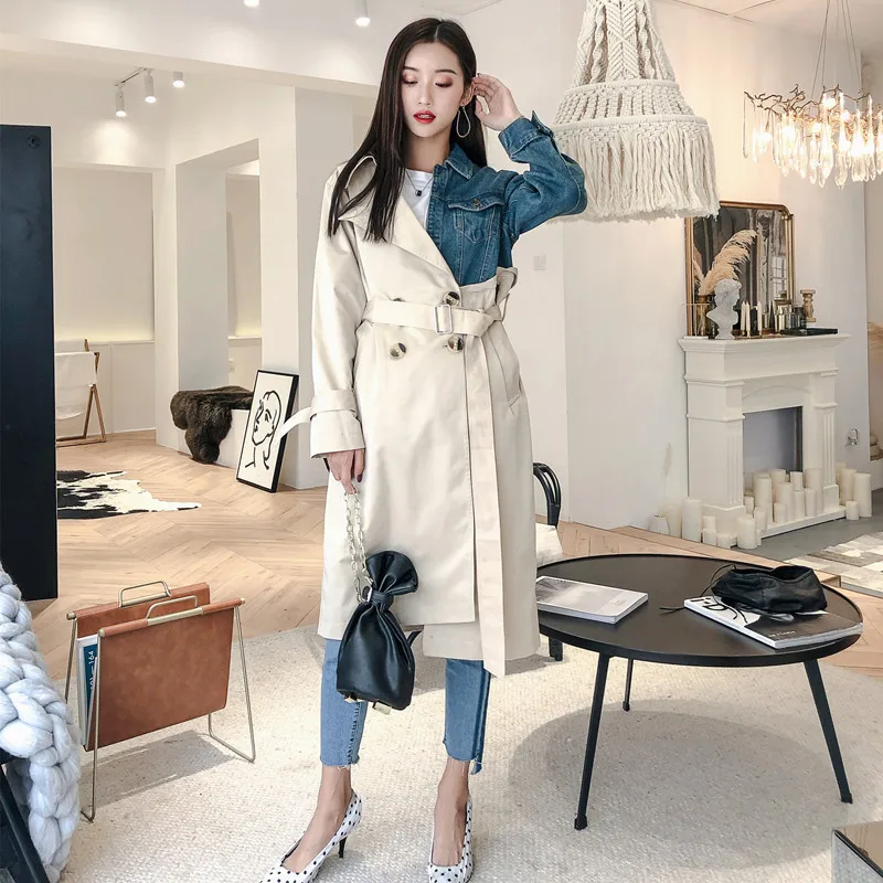 Prix LANMREM 2019 nouvelle mode printemps Double boutonnage Patchwork Denim col rabattu manches décontracté femmes coupe vent YE53712