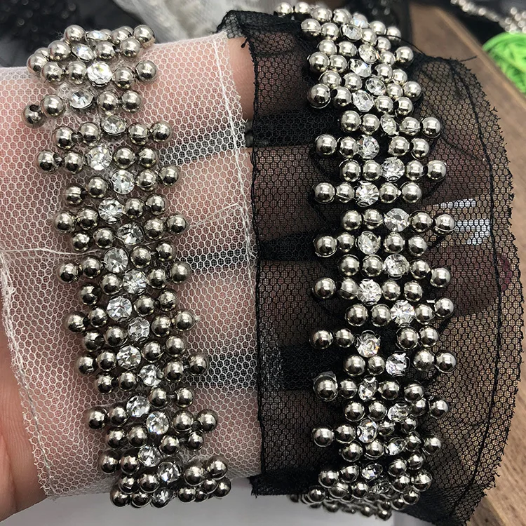 

2.5mm width designer rhinestone Beaded Lace Trim Vintage Mesh Fabric Paillette Lace Beaded Pearl Braid Lace Applique