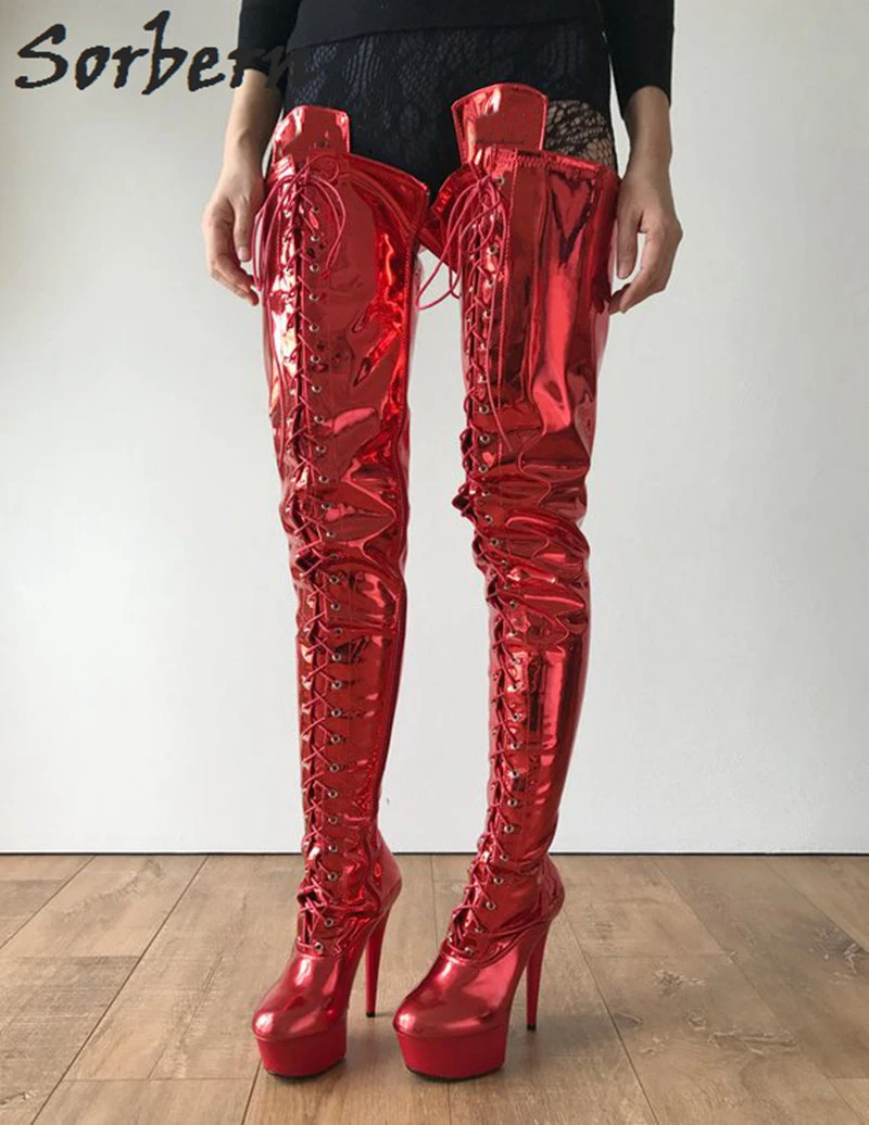Sorbern/очень высокие сапоги; 80 см; Shalft; Цвет красный металлик; 15 см; женская обувь на платформе и высоком каблуке; сапоги до бедра на высоком каблуке