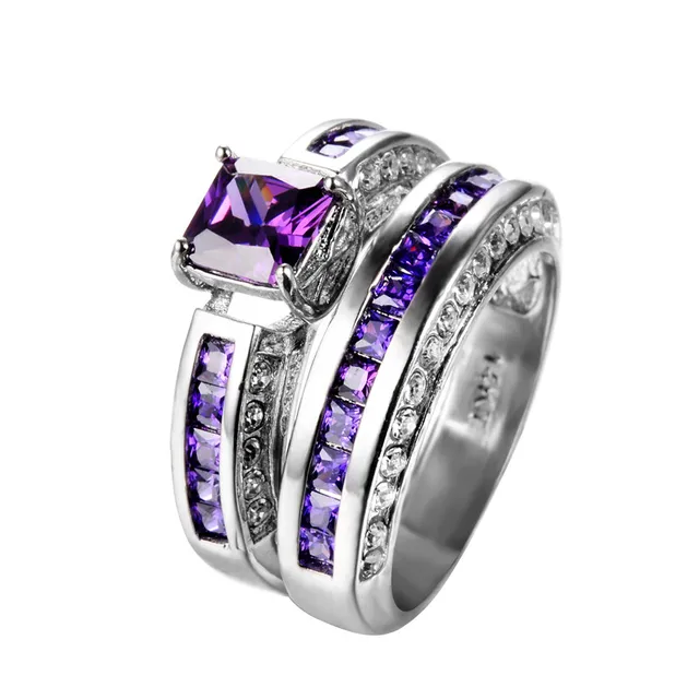square purple bridal ring sets for women wedding jewelry 14kt white gold filled cz double crystal - Purple Wedding Rings square purple bridal ring sets for women wedding jewelry 14kt white gold filled cz double crystal - Purple Wedding Rings