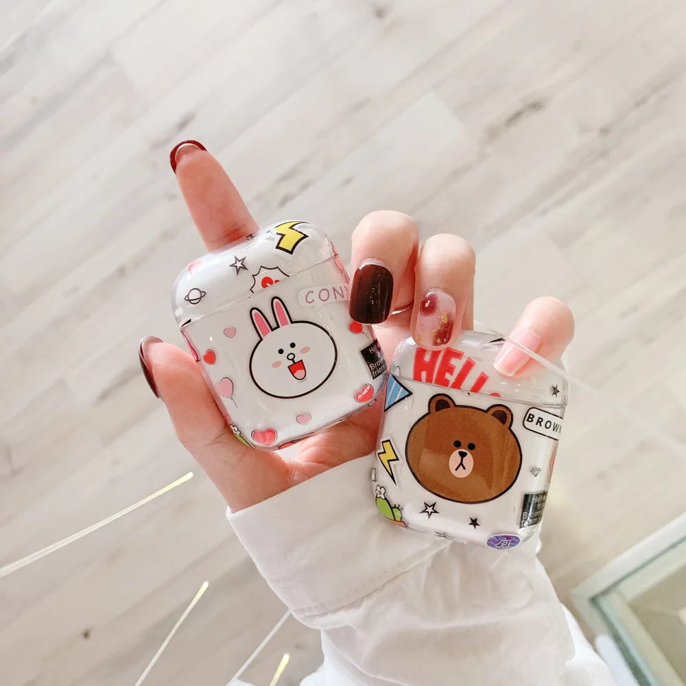

Cute Cartoon Brown Bear Hard PC Clear Cover Cases Cony Rabbit Transparent Earphone Case for Apple AirPods 1 2 Wired Charging Box