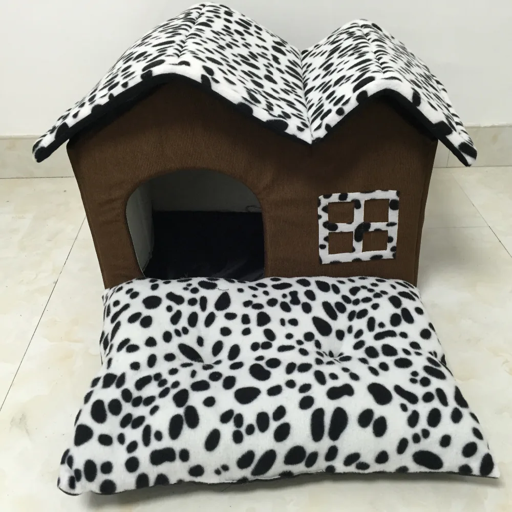 Dog Bed Black and White Spots Double Dog House PP Cotton Folding Dog
