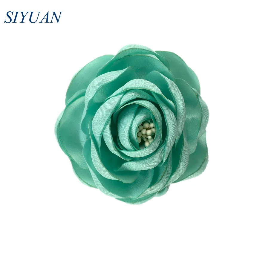 14-mint 5 шт./партия, 2,4 ''сгоревший атласный цветок Camelia с Stamen девушка цветок шпилька свадебное платье Декор DIY бутик TH284 - Цвет: 14-mint