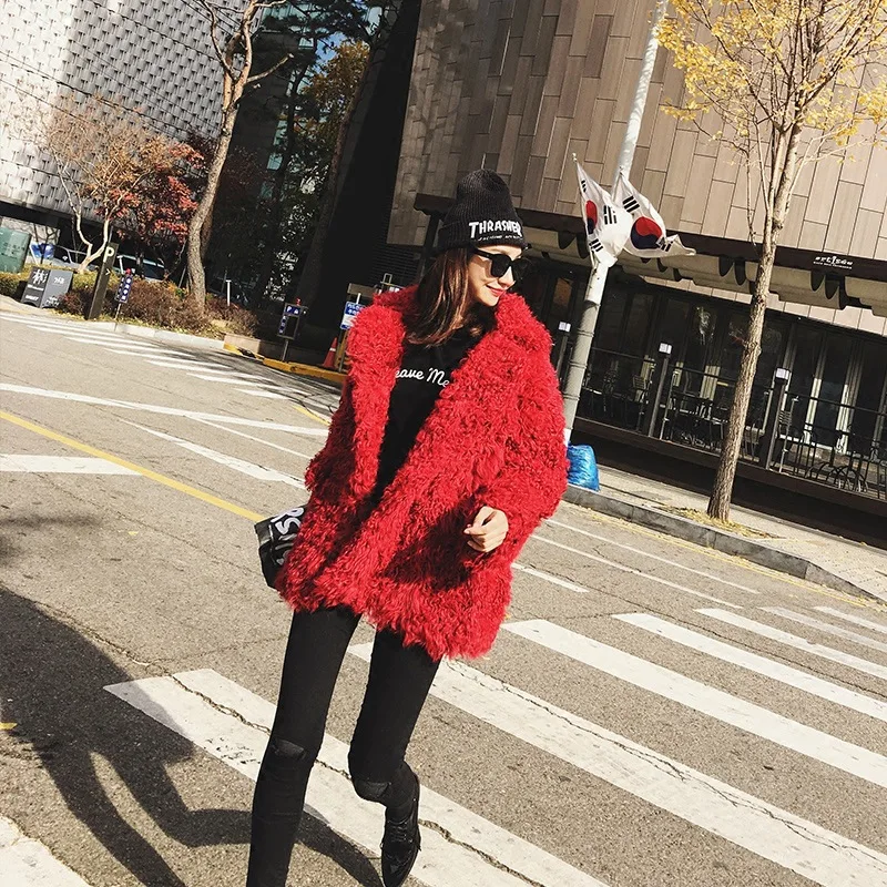 

New European and American style Fashion winter warm Teddy fluffy blazer faux fur long-section jacket outerwear for women