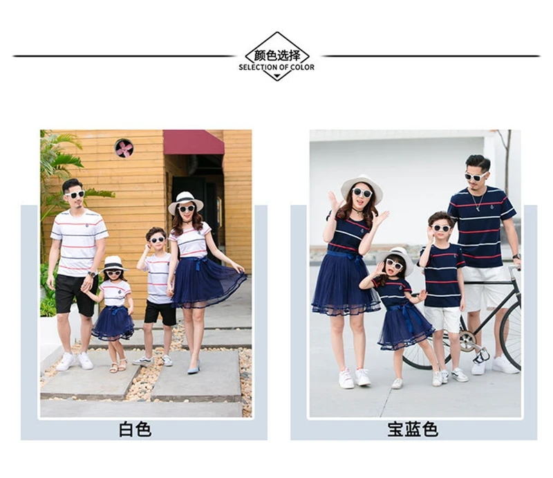Хлопковые одинаковые комплекты для семьи; летнее Сетчатое платье для мамы и дочки; короткая футболка в сине-белую полоску для папы и сына; одежда для детей