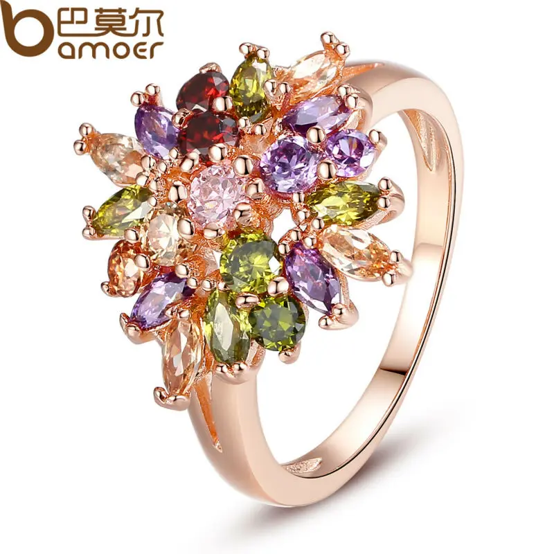 

BAMOER New Arrival Rose Gold Color Flower Finger Ring for Female with AAA Multicolor Cubic Zircon Wedding Jewelry JIR016