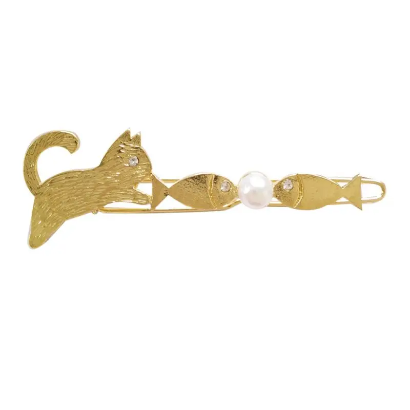 

Japanese Metallic Gold Women Girls Hair Clip Cute Cartoon Drawbench Cat Fish Hairpins Imitation Pearl Student School Barrettes