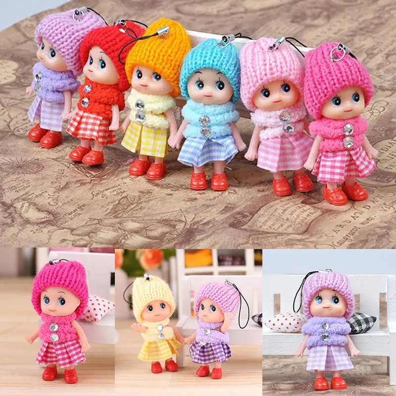 

5 PCS/set 8cm Small Mini Doll Mobile Phone Pendant Hat Clown Plush Doll Pendant Cute Plaid Skirt Confused Dolls Keyring