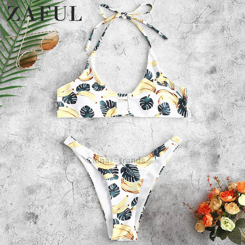 

ZAFUL women's summer hight quality swimming Print Floral suit Halter Banana Print High Cut Bikini Set bikinis 2019 mujer