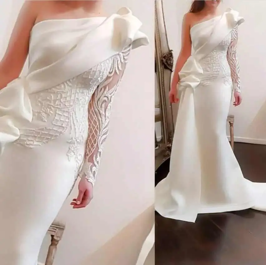 Чисто белые вечерние наряды vestido longo festa одно плечо вечерные платья с кружевами и аппликациями Русалка вечернее платье блестящее рукава avondjurk