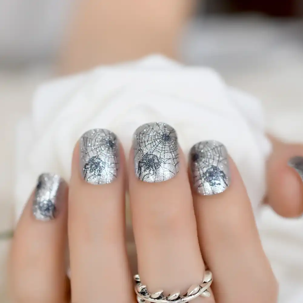 24 Pack Halloween Style Artificial Nails With Adhesive Black Spider Cobweb Silver Fake Nails Short Manicure Party Nail Tips Aliexpress