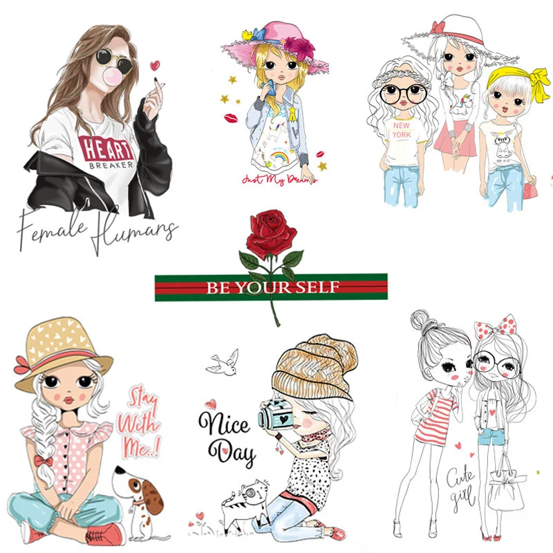 Girls Flower Iron-on Transfer Patches For Clothing Stripe Sticker Printing Thermal Patch Washable Painting