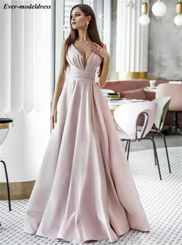 

Simple Deep V-Neck Evening Dresses Long Backless A-Line Arabic Pleats Formal Prom Gowns Robe De Soriee