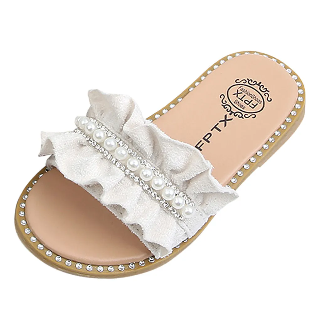 Kids Sandals Toddler Baby Girls Sandals Pearls Crystal Ruffles Princess Shoes Slippers Comfortable Casual Summer Shoes - Цвет: Белый