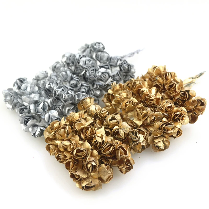 

24pcs 2cm Gold Silver Plum Artificial Mini Paper Rose Scrapbook Wedding Party Decoration DIY Handicraft Accessories Christmas
