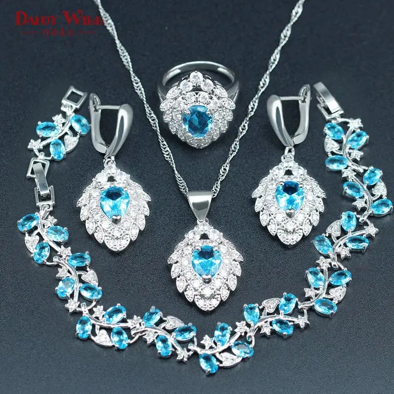 

Luxury 925 Silver Color Sky Blue Stone White CZ Necklace/Earrings/Ring/Bracelet/Pendant For Women Jewelry Set