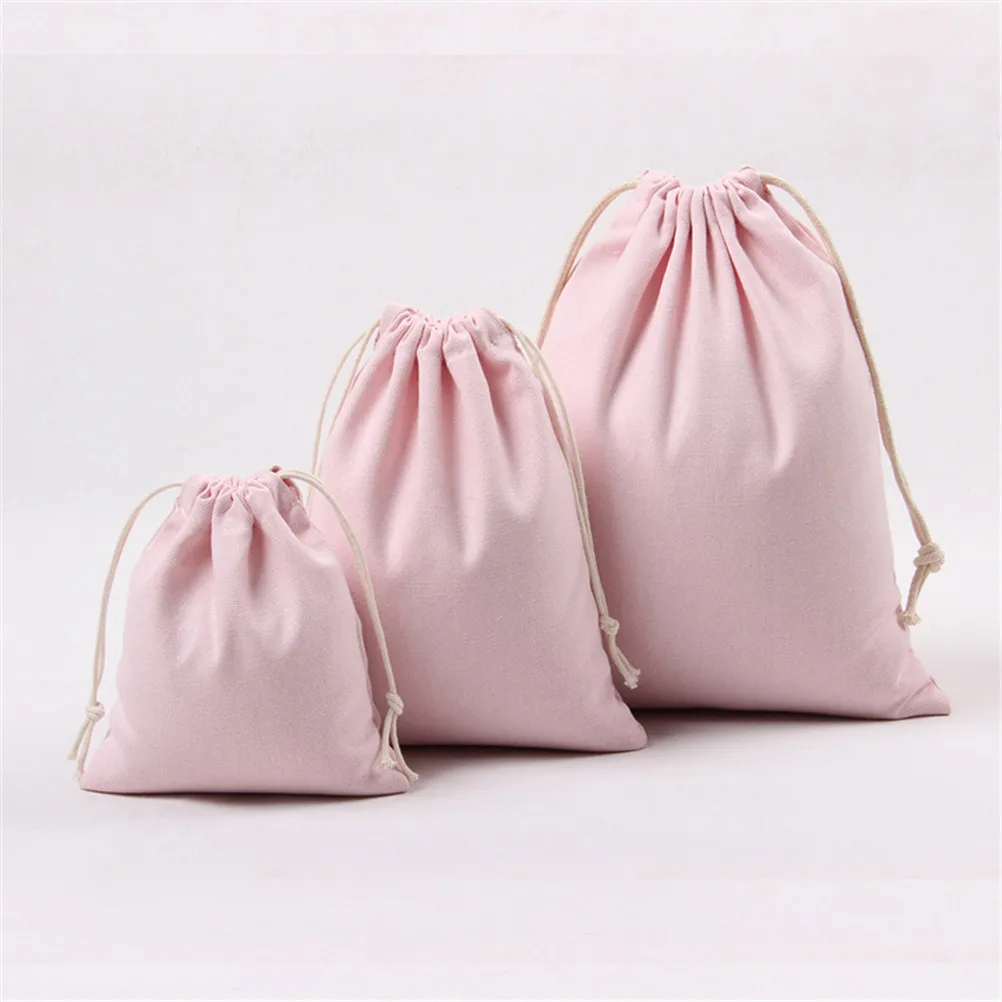 Pink Fabric Cotton Linen Travel Drawstring Tote Storage Bag For