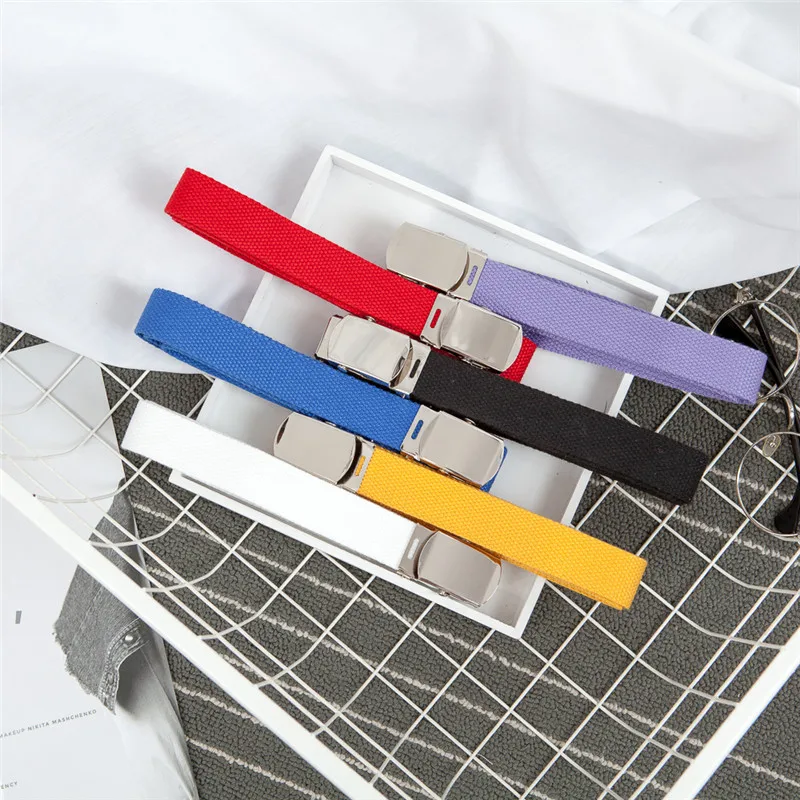 

Solid Color Harajuku Canvas Belts for Women Metal Smooth Buckle Thin Waist Belt Black Yellow Female Girls Jeans Casual Waistband