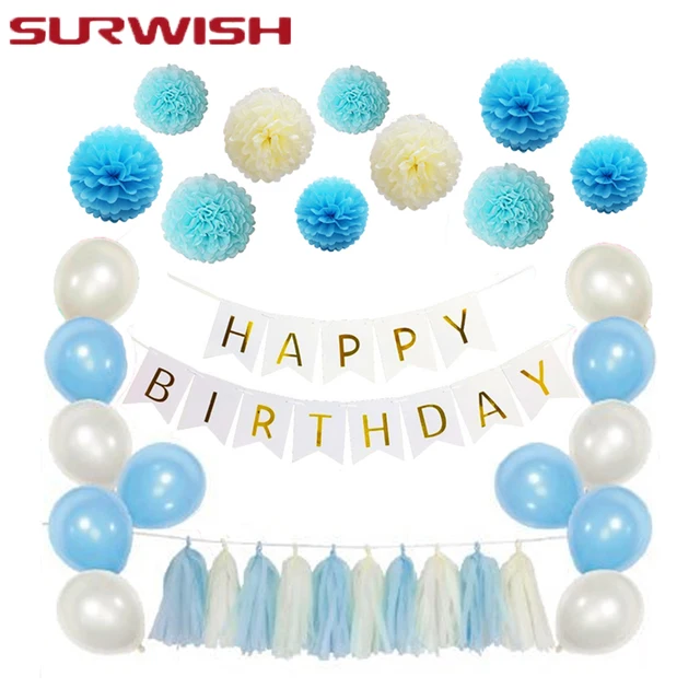 surwish handmade tissue paper ball paper tassel garland happy birthday streamer balloon blue style birthday party