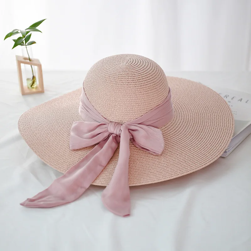 Женская летняя шляпа с бантом, шелковая лента, новинка, брендовые соломенные шляпы для женщин, пляжные шляпы от солнца, сплошной цвет, шляпа от солнца, складная - Цвет: Bare powder