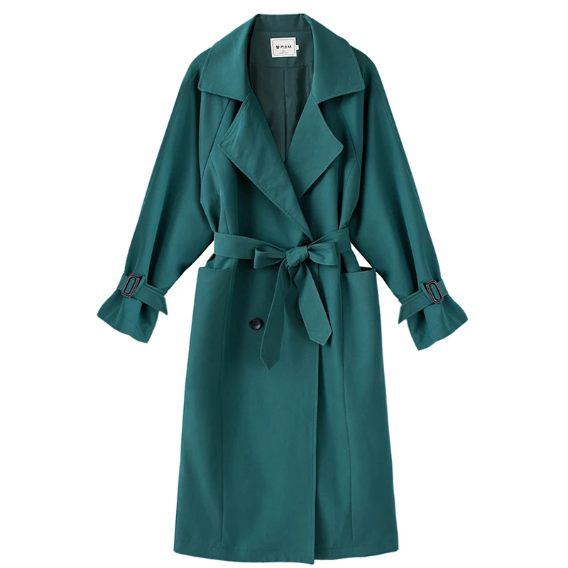 

2018 Women Solid Green Medium Long Trench With Belt Female Double Breasted Loose Coat Lightweight Full Sleeve Fashion Streetwear