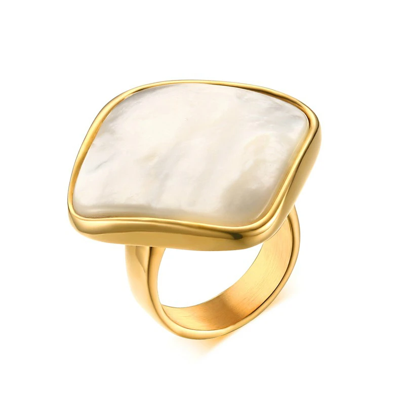 Elegant White Natural Shell Stone Rings For Women Gold-Color Trendy Stainless Steel Wedding Bands | Украшения и аксессуары