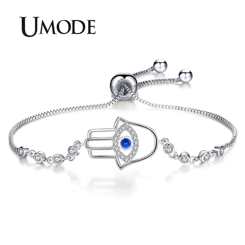 UMODE женский синий злой глаз Браслеты Круглый фианит Хамса ручной Женские браслеты серебряный цвет ювелирные изделия аксессуары Подарки UB0161