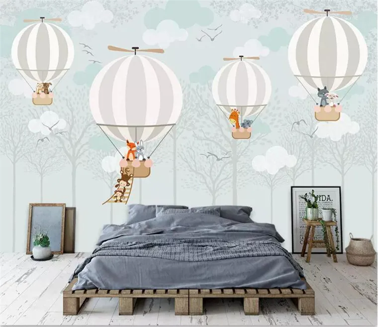 

Large 3d Wallpaper Cartoon Hot air balloon cartoon animal Monkey giraffe Children's room Background Wall 3d wallpaper