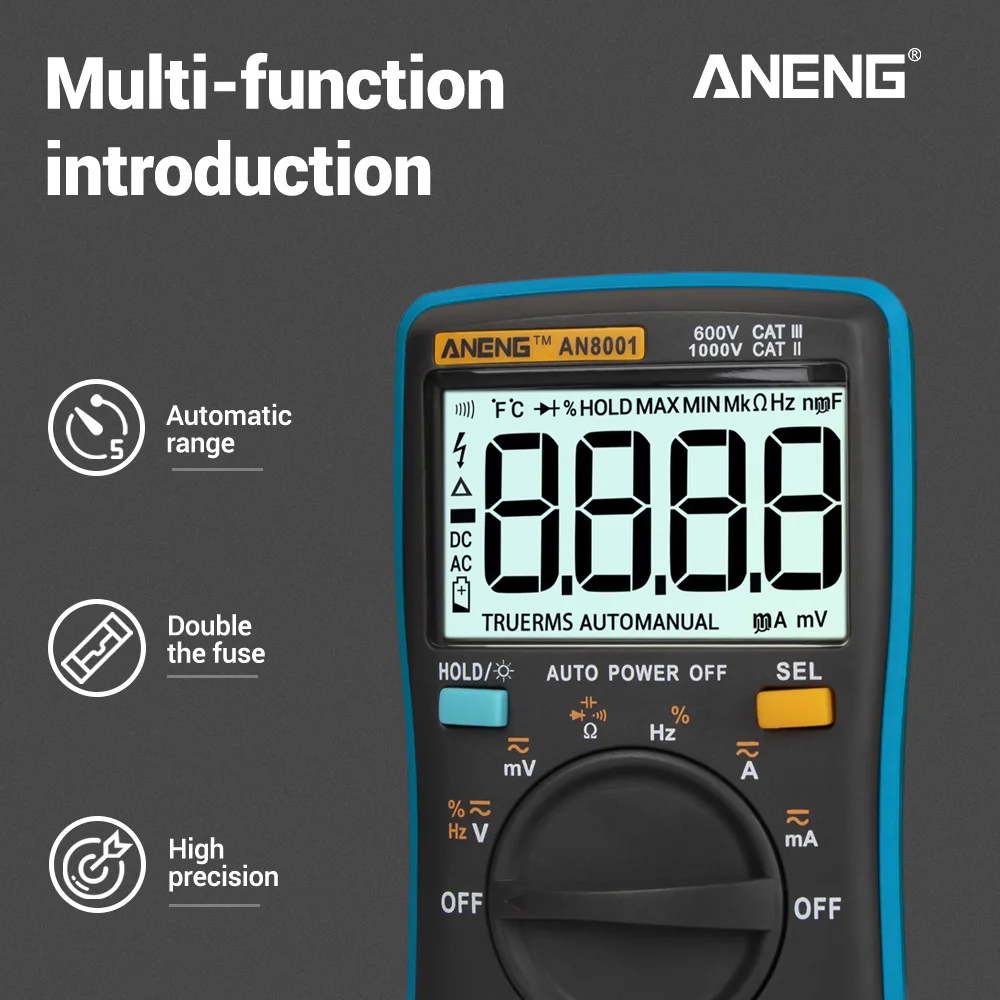 ANENG AN8001 True-RMS Автоматический диапазон цифровой мультиметр AC/DC Напряжение Амперметр измеритель тока Измерение температуры