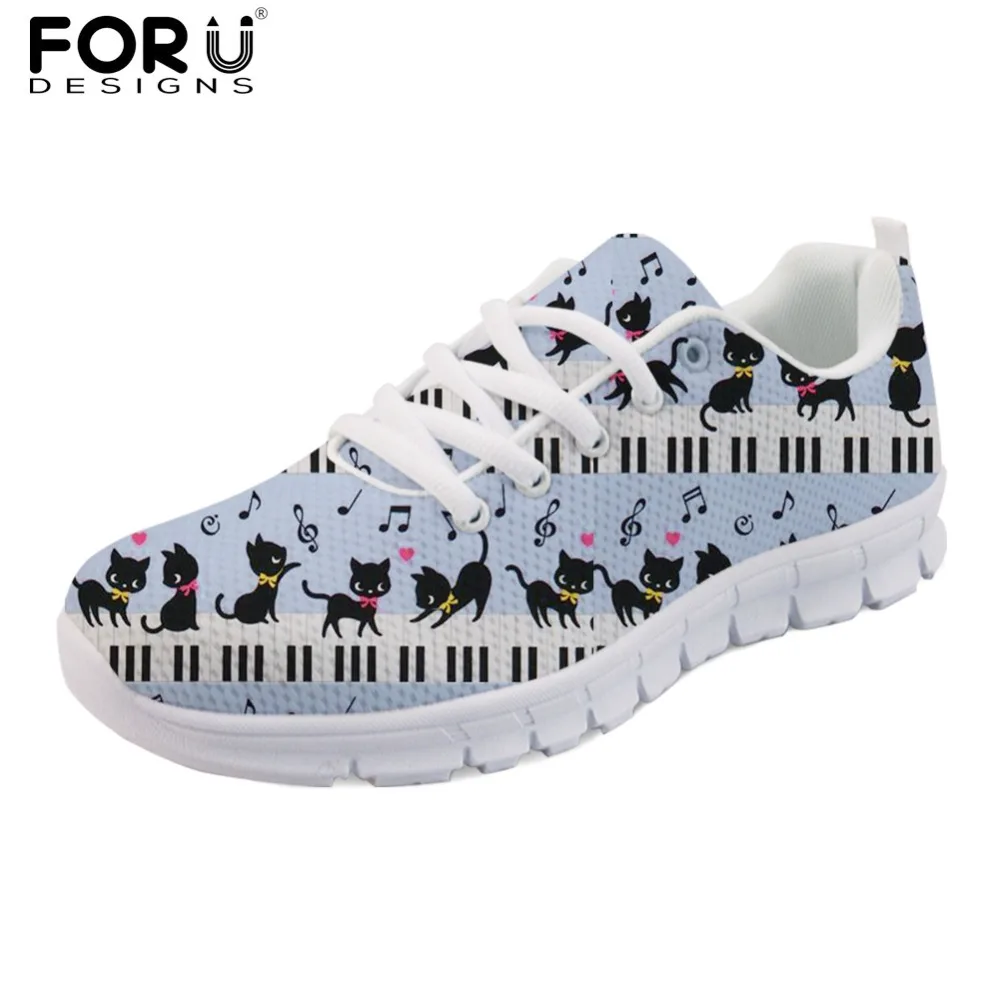 

FORUDESIGNS Blue Lovely Animal Cat with Piano Music Note Pattern Women Sneakers Flats Autumn Ladies Mesh Comfortable Shoes Woman