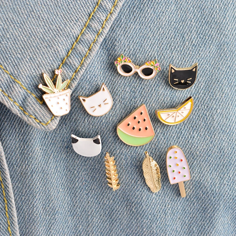 

10 pcs/set Fashion Brooch Pins Button Cat kitten Lemon Leaves Potted plants Watermelon Popsicles Sunglasses Badge Summer Jewelry