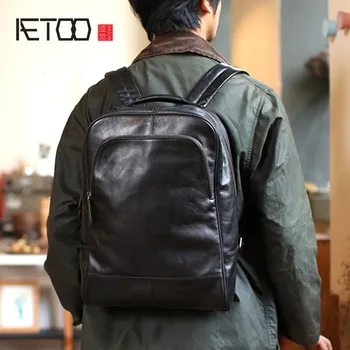 

AETOO Men's shoulder bag leather simple casual business backpack head cowhide Big travel bag computer bag