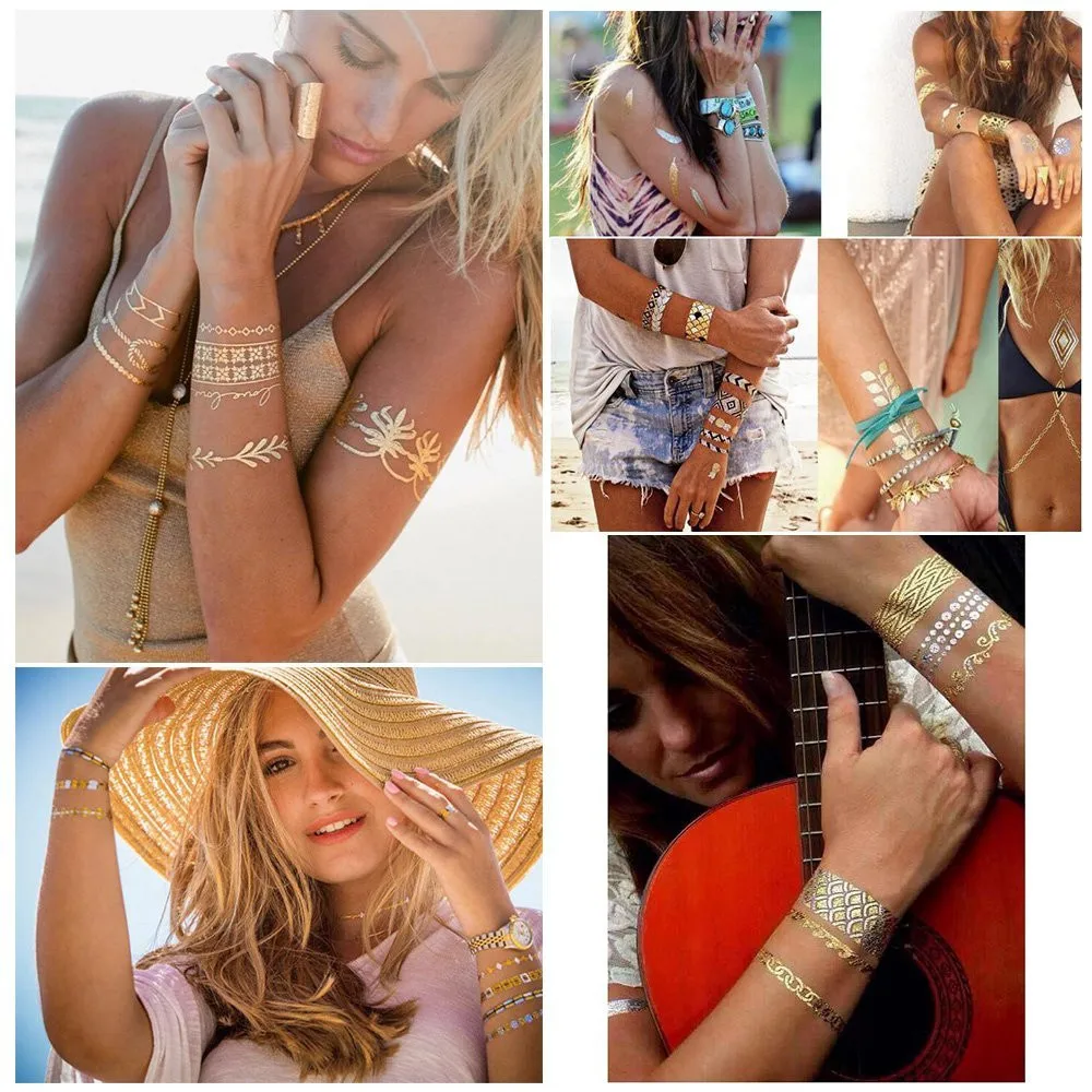 

6 Sheets Various Patterns Metal Gold Foil Hot Silver Waterproof Tattoo Sticker summer style for men, women, body art