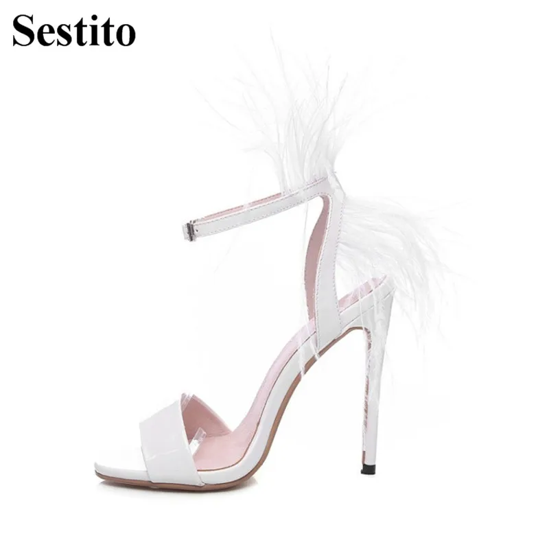 

2018 Newest Fashion White Feather Wedding shoes Peep Toe Sandals Super High Thin Heels Women Sandals Buckle Strap Women Shoes