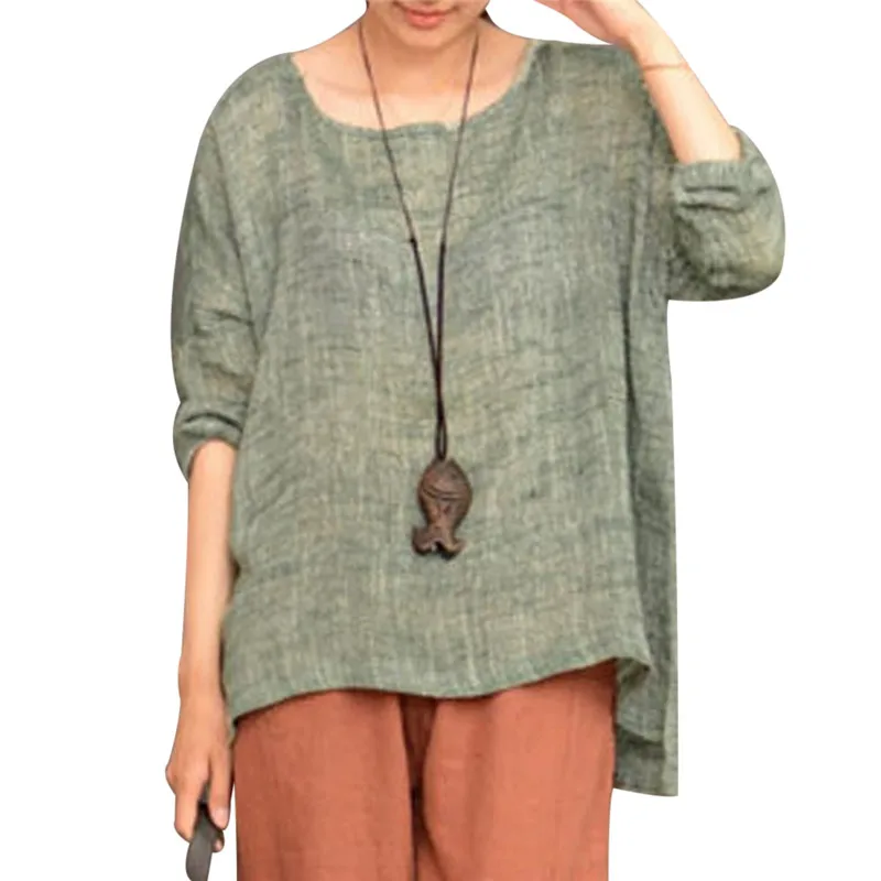 Women Cotton Linen Vintage Tunic Tops Summer Casual Loose Long Sleeve