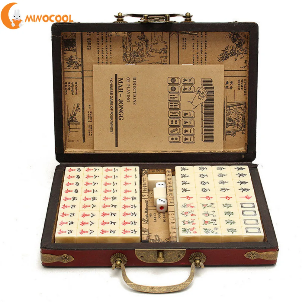 

144Pcs Travel Mahjong Portable Mah-jongg With Archaistic Leather Box And Manual In English (Random Pattern of Box Delivery)