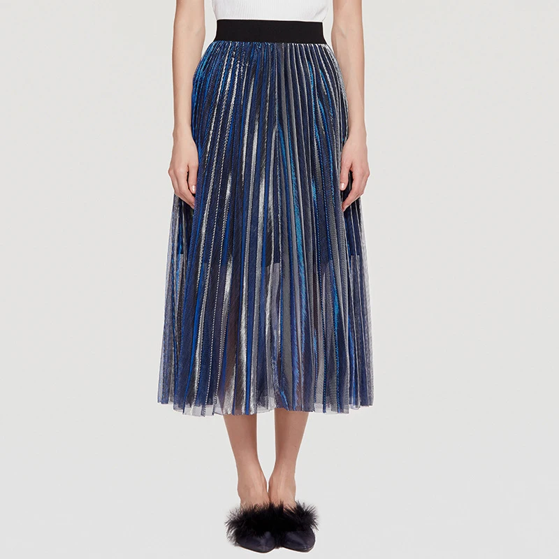 Женское синее фиолетовое платье с высокой талией, плиссированная юбка до середины икры, универсальная сетчатая одежда градиентного размера плюс