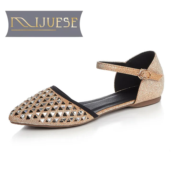 

MLJUESE 2018 women sandals summer style cut-outs buckle strap crystal Black color sandals women size 34-42