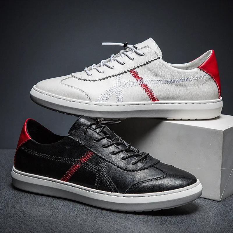 100% Genuine Leather Shoes Men White Sneakers Mens Casual Shoes Male Footwear Cow Leather Black White Shoes Soft KA1473