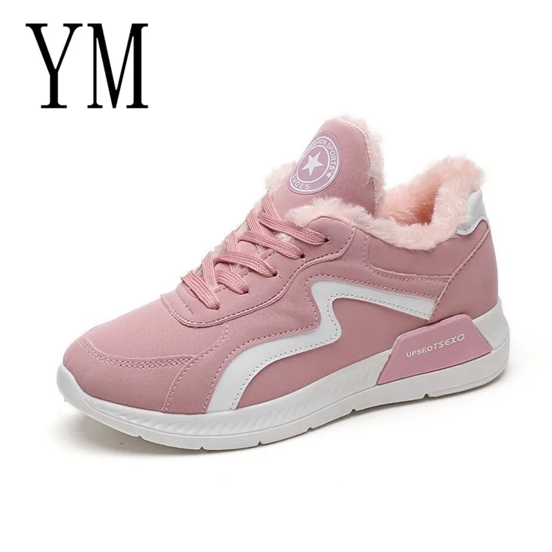 

2018 Women Platform Shoes Pink Ankle Boots Warm Lining Winter Boots Lace Up Ankle Boots For Women Height Increasing shoe
