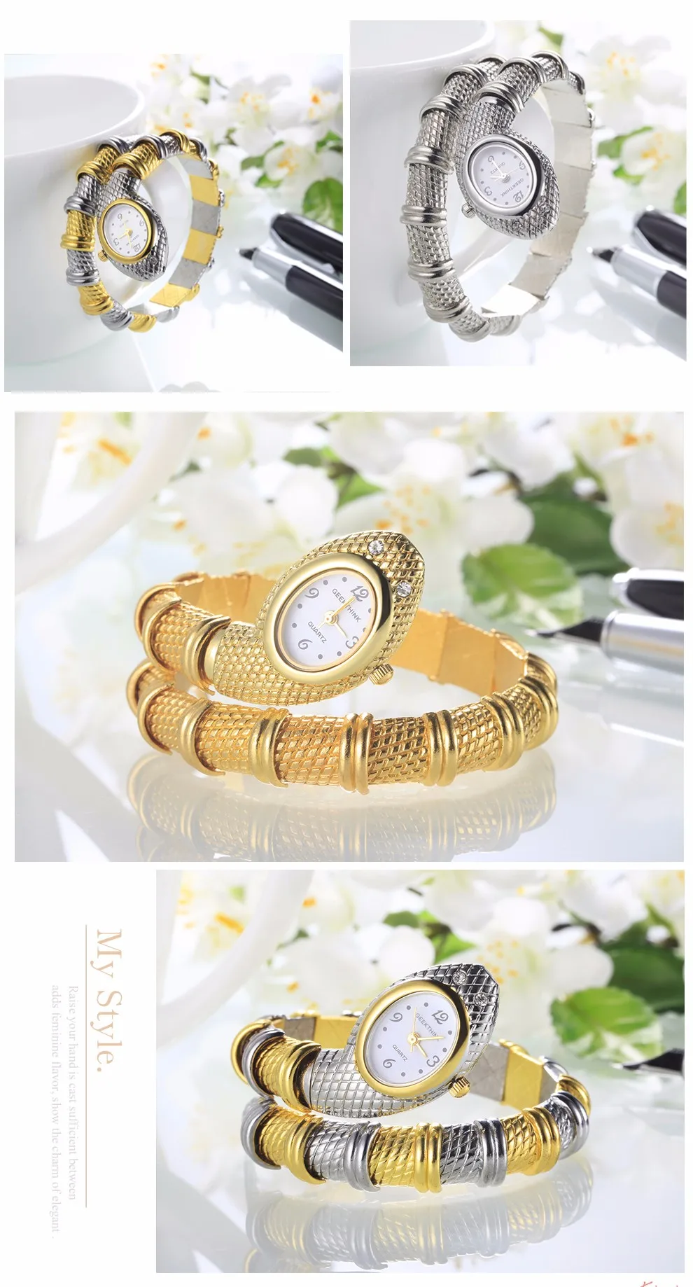 GEEKTHINK, уникальный модный бренд, кварцевые часы, браслет для женщин, Дамская змеиная одежда, часы, браслет, бриллиантовые украшения, роскошное серебро, золото